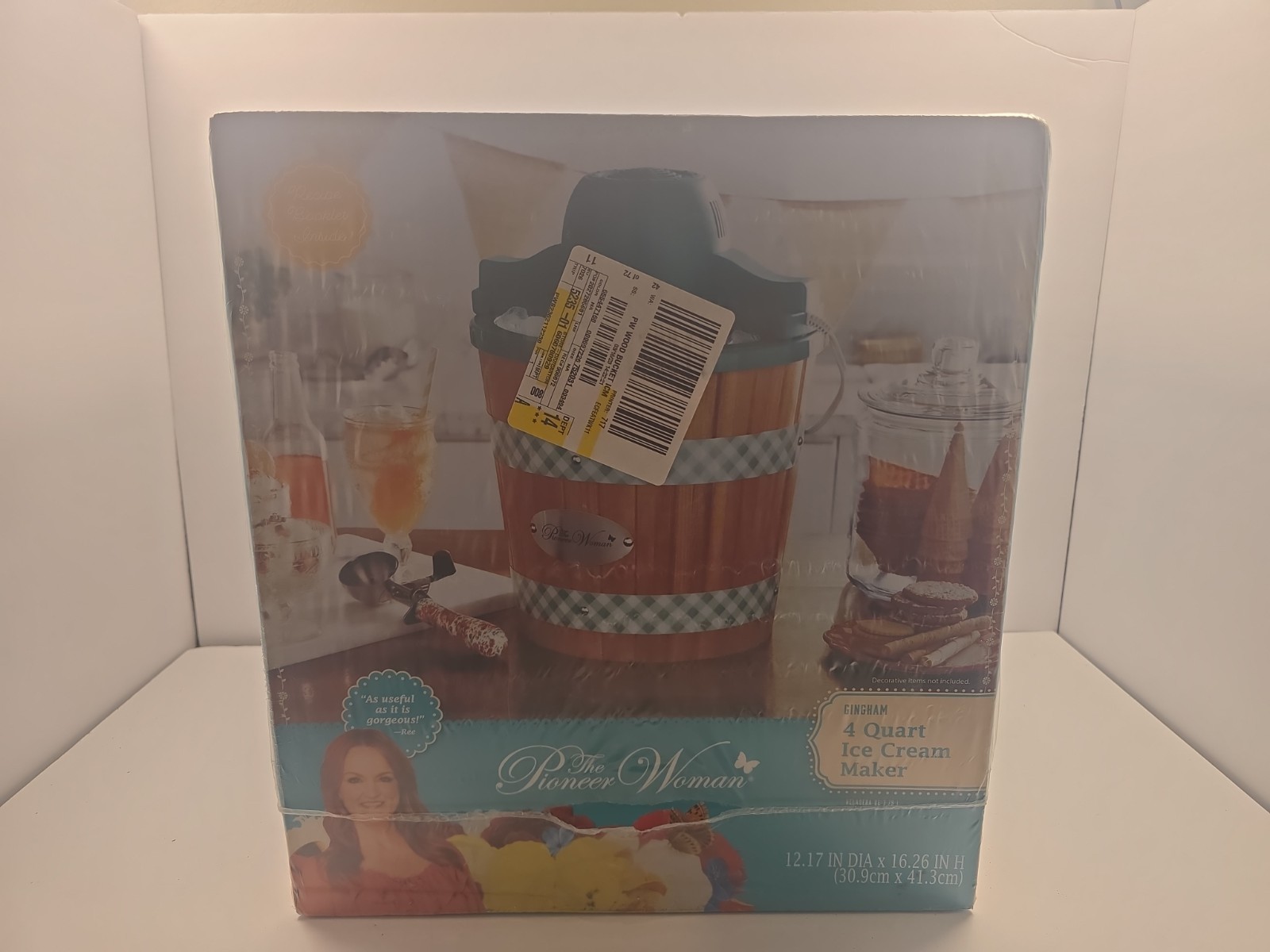Pioneer Woman 4 Quart Electric Ice Cream Maker Teal Gingham w/ Box & Manual